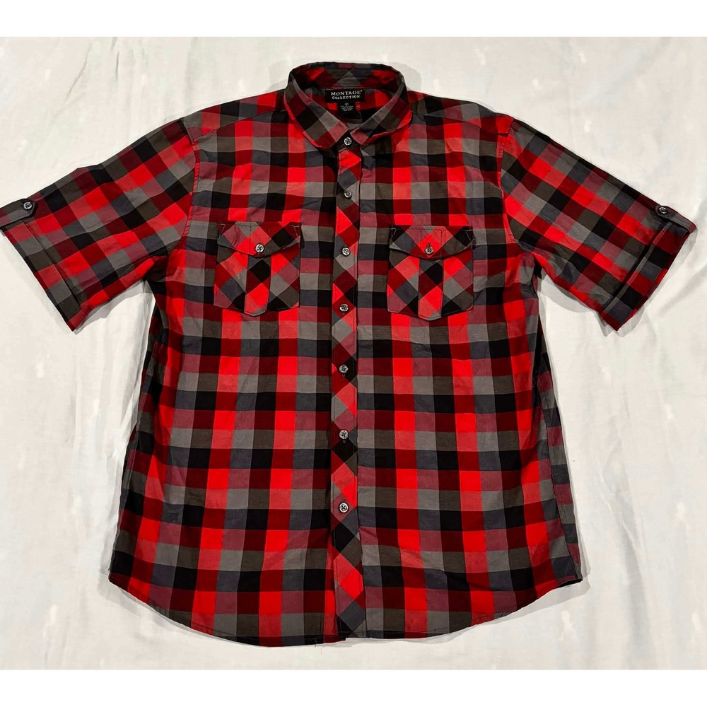 Montage Collection Mens Large Red Black Plaid Short Sleeve Button‎ Down Shirt
